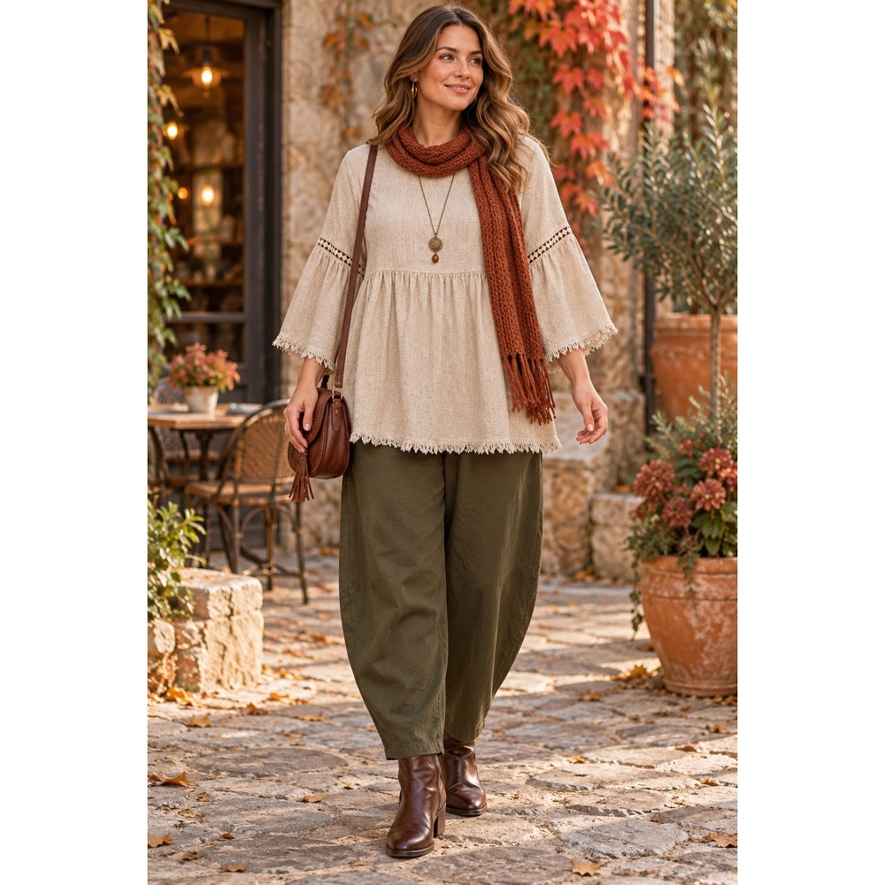 Tunic Top Womens L Beige Boho Fringe Bell Sleeve Babydoll Lagenlook Woven Blouse